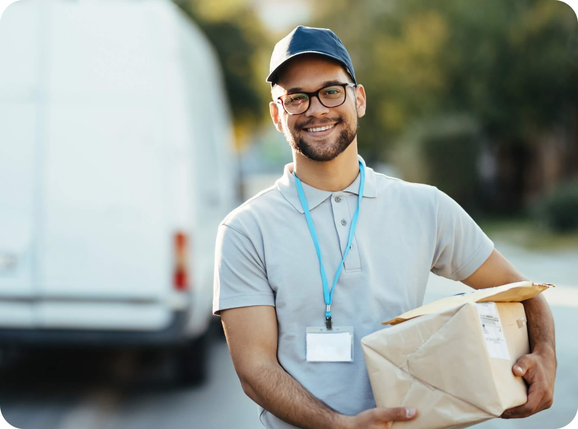 A delivery boy with a box for delivery.