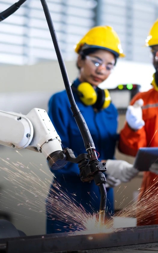 A machine is operated and a women is observing it